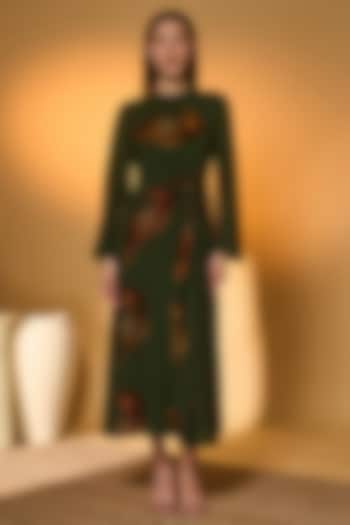 Olive Green Crepe Silk Printed Twisted Midi Vacation Dress by Masaba at Pernia's Pop Up Shop