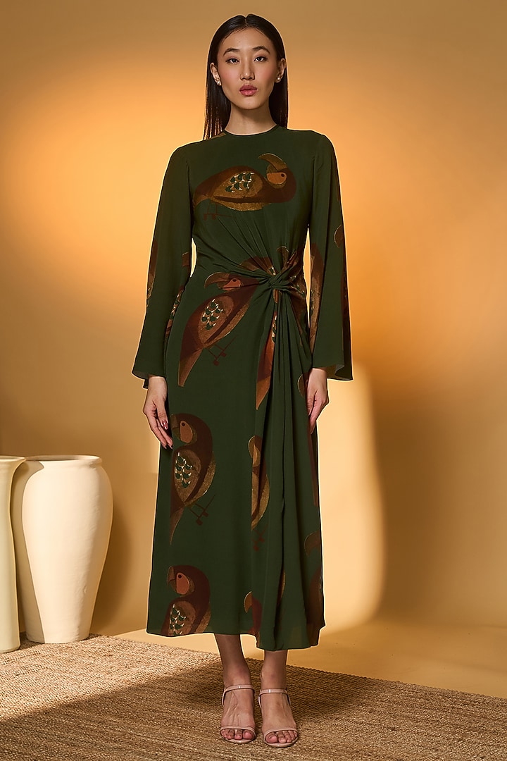 Olive Green Crepe Silk Printed Twisted Midi Vacation Dress by Masaba at Pernia's Pop Up Shop