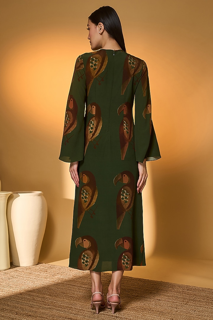 Olive Green Crepe Silk Printed Twisted Midi Vacation Dress by Masaba at Pernia's Pop Up Shop