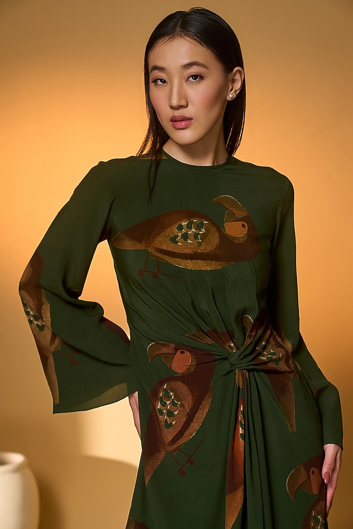 Olive Green Crepe Silk Printed Twisted Midi Vacation Dress by Masaba at Pernia's Pop Up Shop