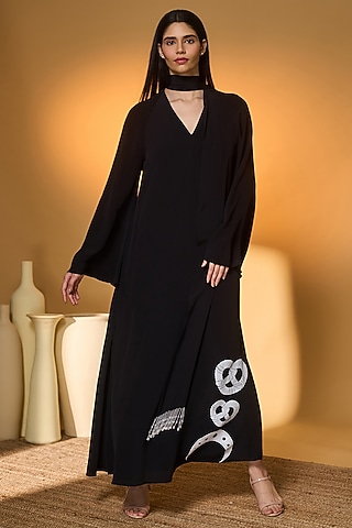 Black Crepe Silk Khadi Printed V-Neck Kaftan by Masaba