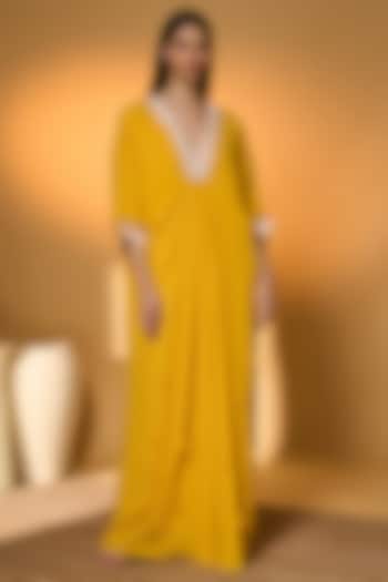 Yellow Crepe Silk Tassels Embellished V-Neck Kaftan by Masaba at Pernia's Pop Up Shop