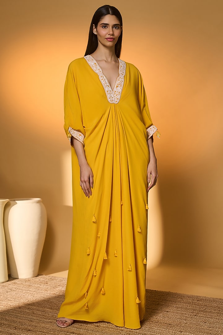 Yellow Crepe Silk Tassels Embellished V-Neck Kaftan by Masaba at Pernia's Pop Up Shop