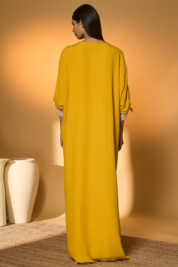Yellow Crepe Silk Tassels Embellished V-Neck Kaftan by Masaba at Pernia's Pop Up Shop
