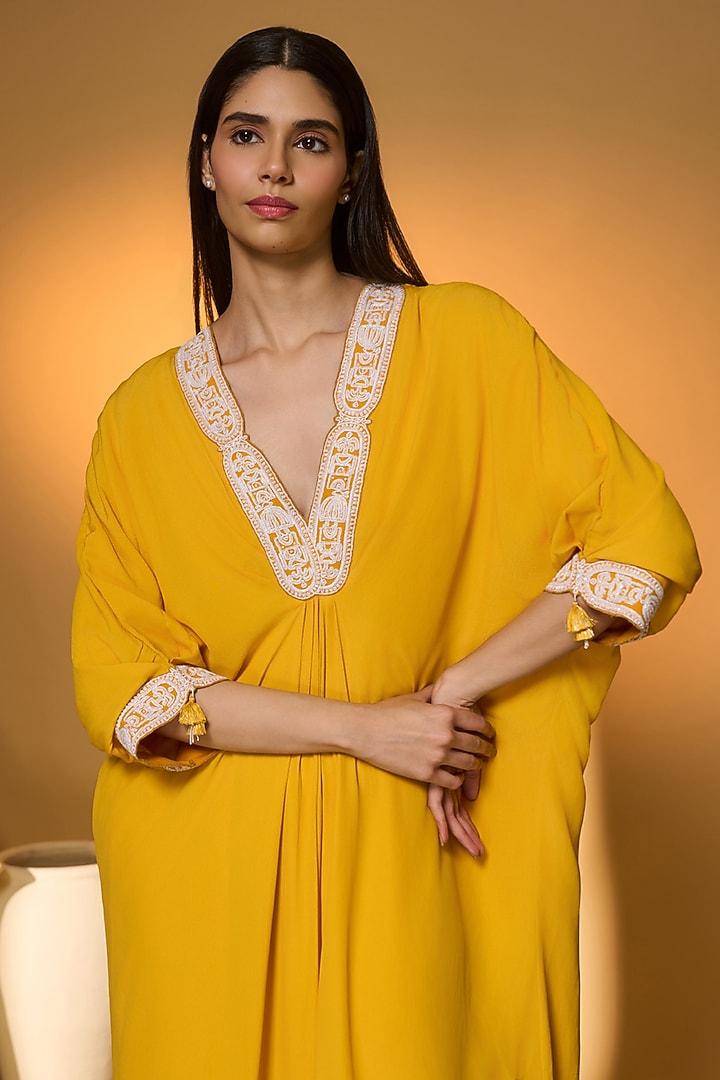 Yellow Crepe Silk Tassels Embellished V-Neck Kaftan by Masaba at Pernia's Pop Up Shop