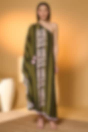Green Crepe Silk Printed One-Shoulder Kaftan by Masaba at Pernia's Pop Up Shop