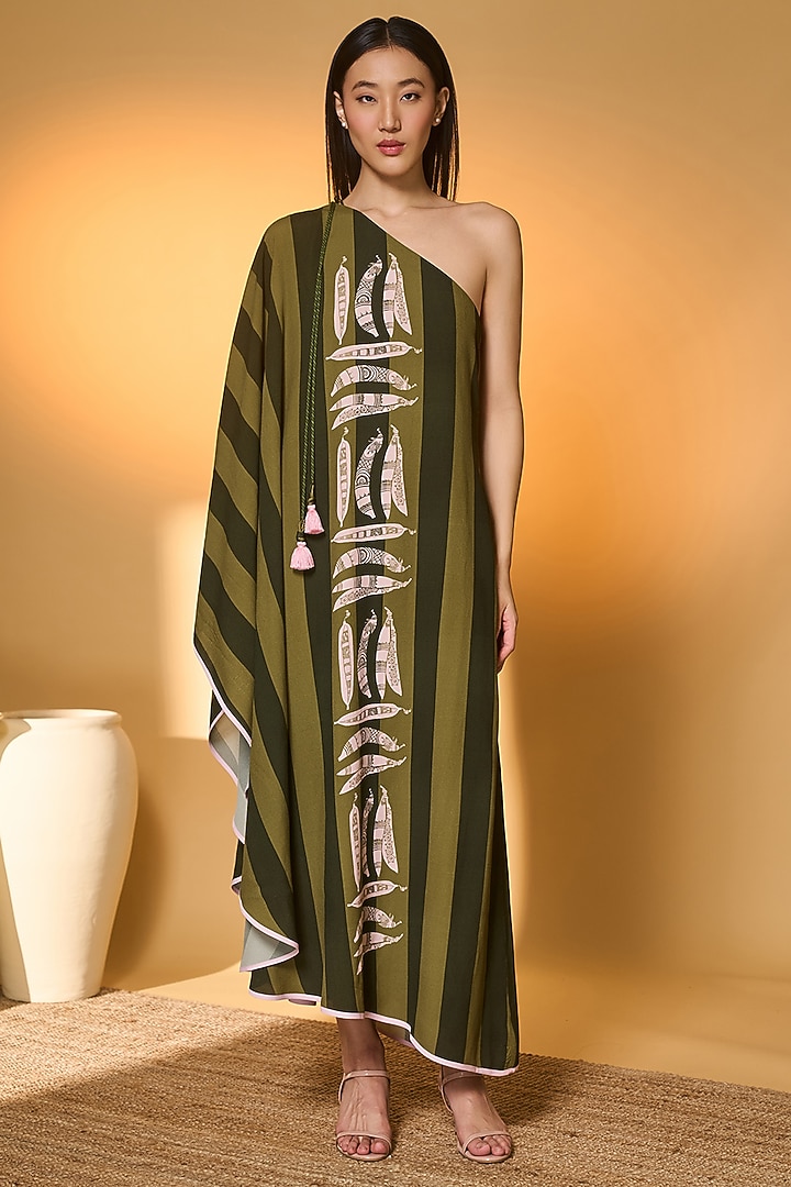 Green Crepe Silk Printed One-Shoulder Kaftan by Masaba at Pernia's Pop Up Shop