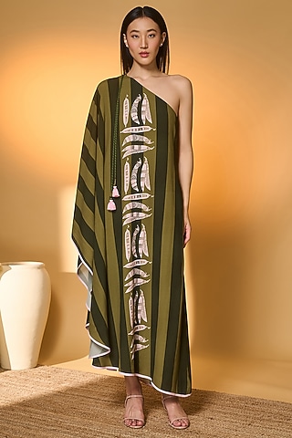 Green Crepe Silk Printed One-Shoulder Kaftan by Masaba