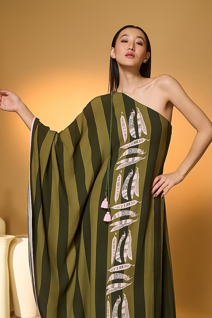 Green Crepe Silk Printed One-Shoulder Kaftan by Masaba at Pernia's Pop Up Shop