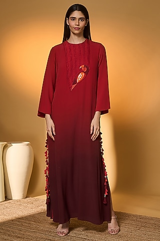 Red Ombre Crepe Silk Digital Printed Straight Kaftan by Masaba