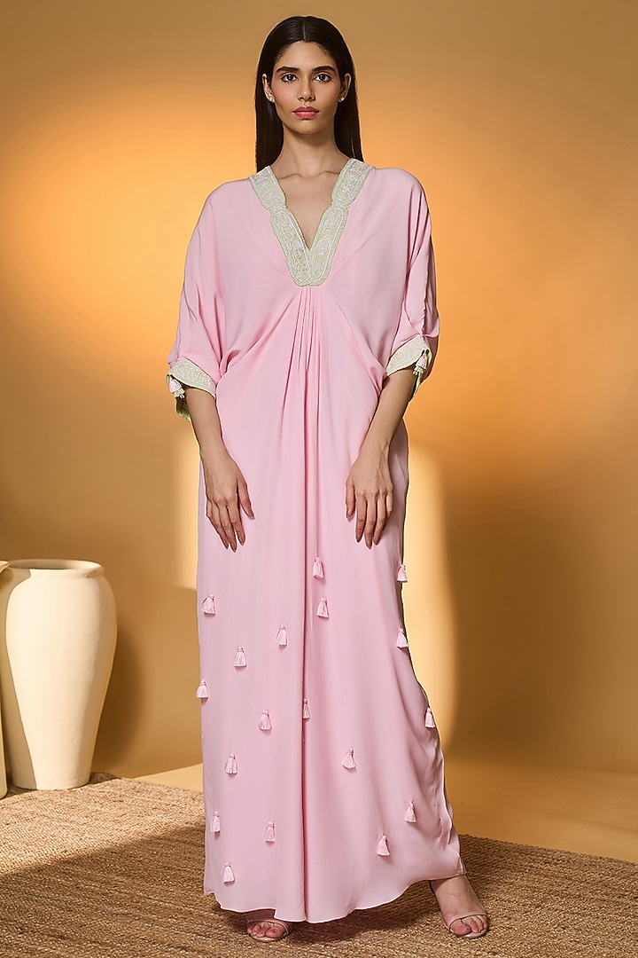 Pink & Green Crepe Silk Embellished V-Neck Kaftan by Masaba at Pernia's Pop Up Shop