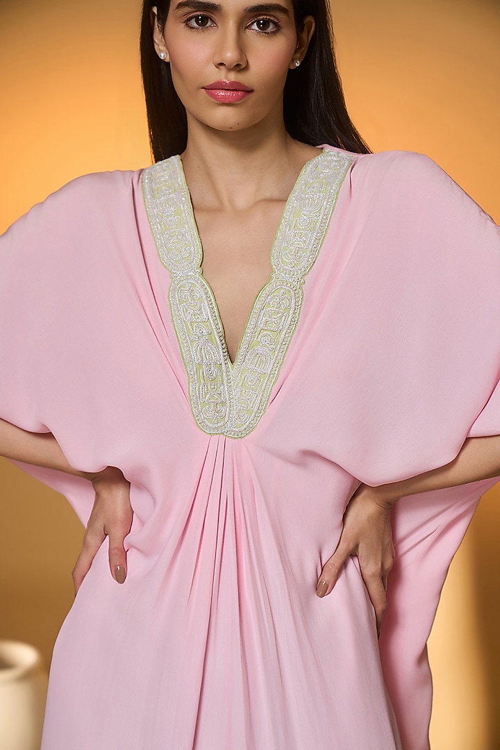 Pink & Green Crepe Silk Embellished V-Neck Kaftan by Masaba at Pernia's Pop Up Shop