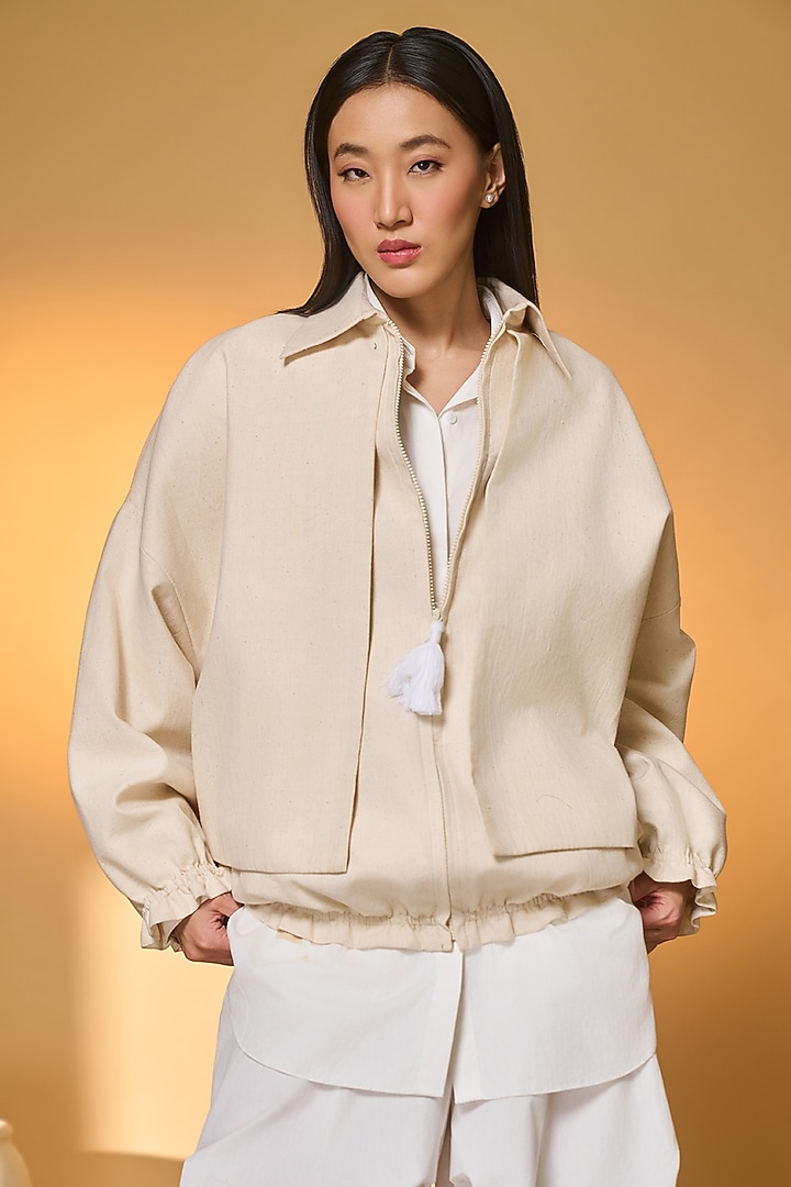 Ivory Handwoven Cotton Double-Layered Jacket by Masaba at Pernia's Pop Up Shop