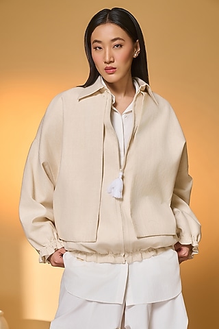 Ivory Handwoven Cotton Double-Layered Jacket by Masaba