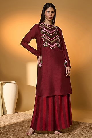 Red Raw Silk Pear Of Tropics Embroidered Kurta Set by Masaba