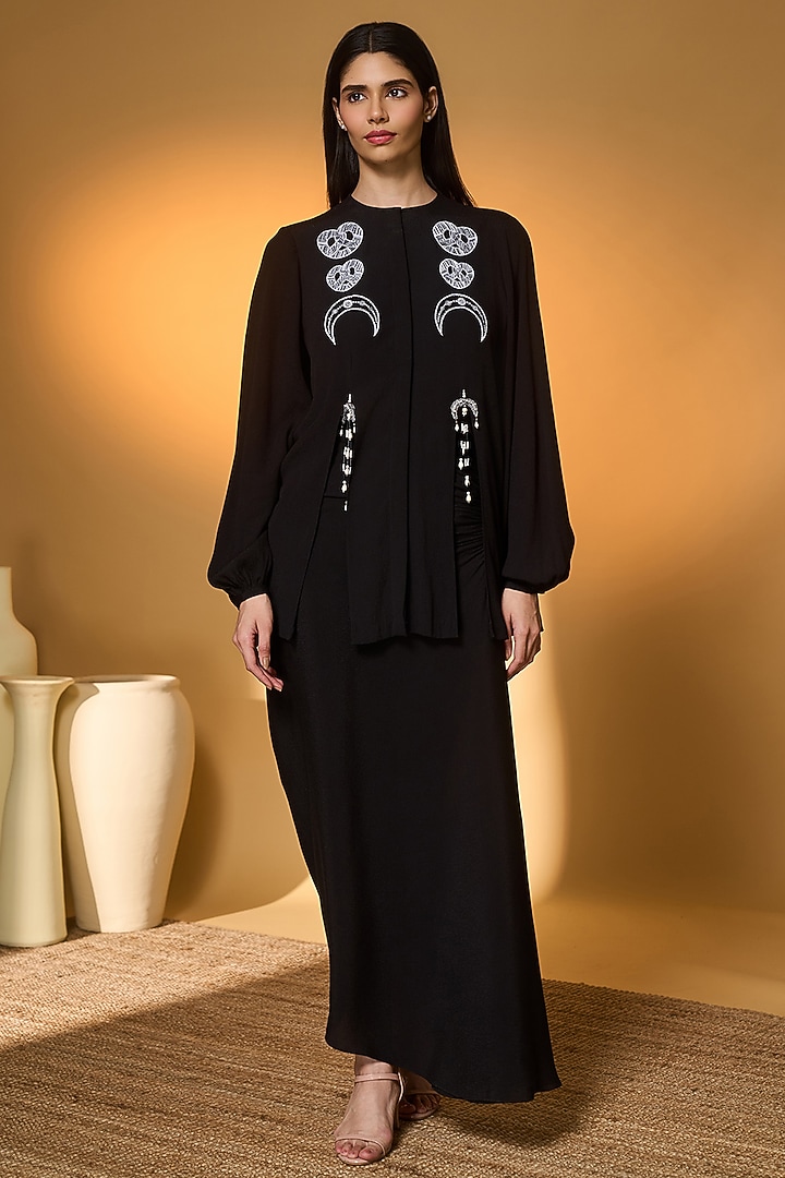 Black Crepe Silk Midnight Snack Embroidered Co-Ord Set by Masaba at Pernia's Pop Up Shop
