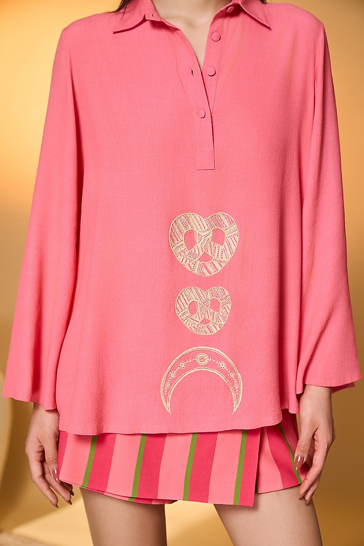 Pink Crepe Silk Midnight Snack Embroidered Co-Ord Set by Masaba at Pernia's Pop Up Shop