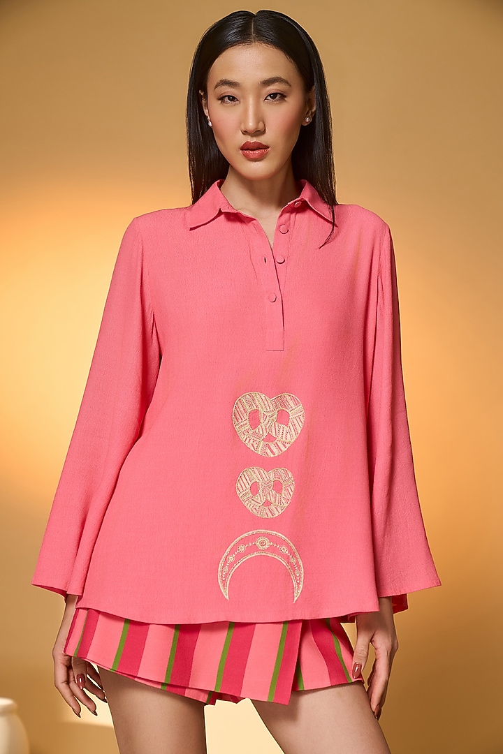 Pink Crepe Silk Midnight Snack Embroidered Co-Ord Set by Masaba at Pernia's Pop Up Shop