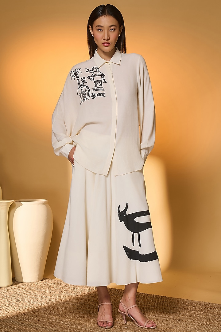 Ivory Crepe Silk Screen Printed Circular Skirt Set by Masaba at Pernia's Pop Up Shop