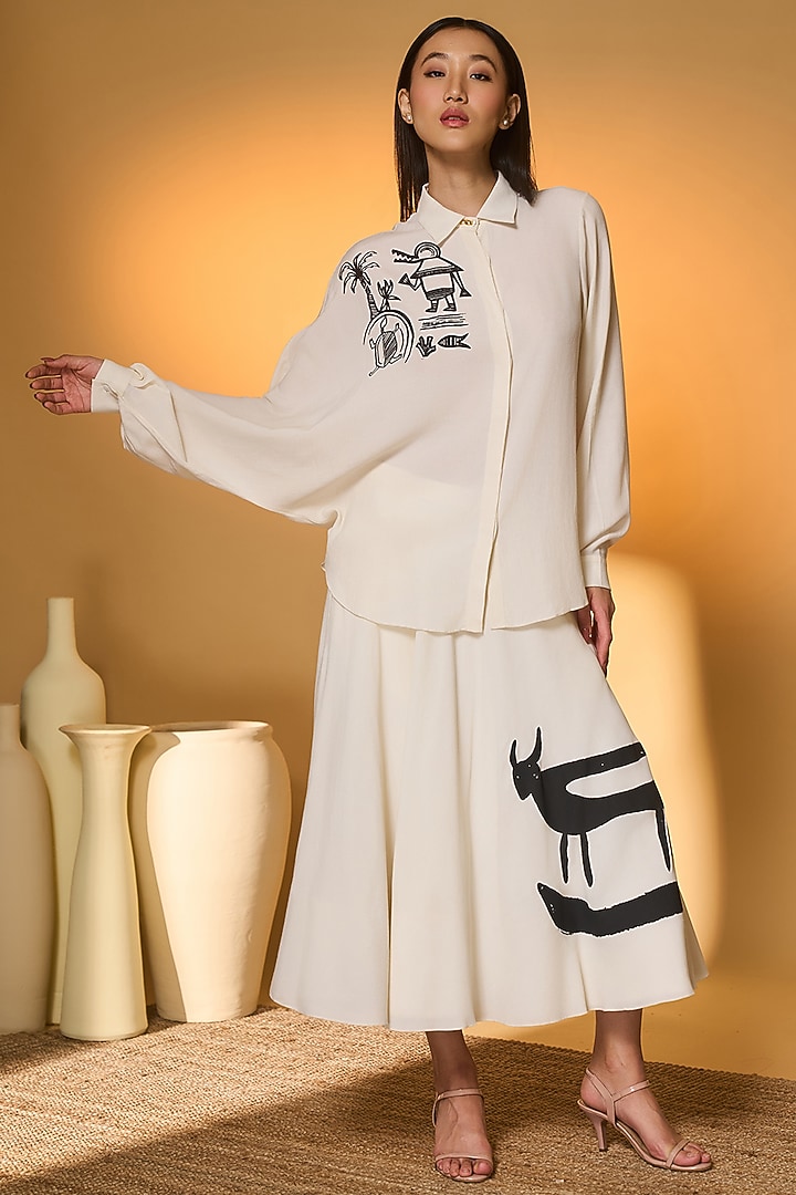 Ivory Crepe Silk Screen Printed Circular Skirt Set by Masaba at Pernia's Pop Up Shop