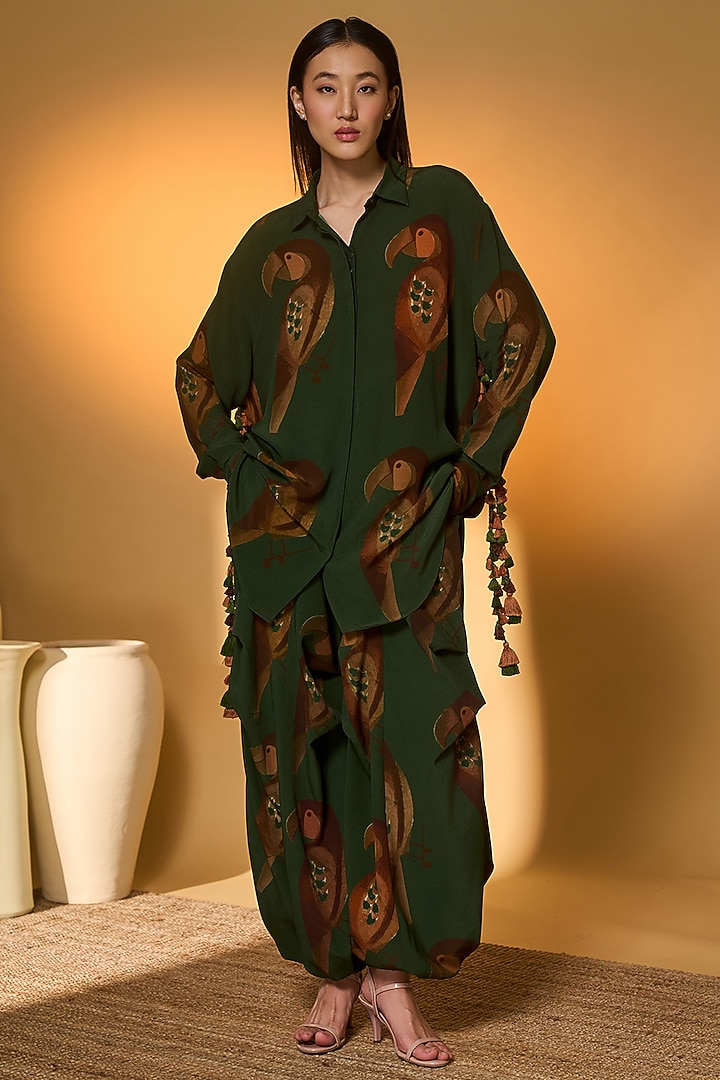 Olive Green Cotton Chirpy Chase Printed Co-Ord Set by Masaba at Pernia's Pop Up Shop