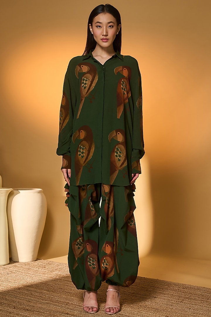 Olive Green Cotton Chirpy Chase Printed Co-Ord Set by Masaba at Pernia's Pop Up Shop