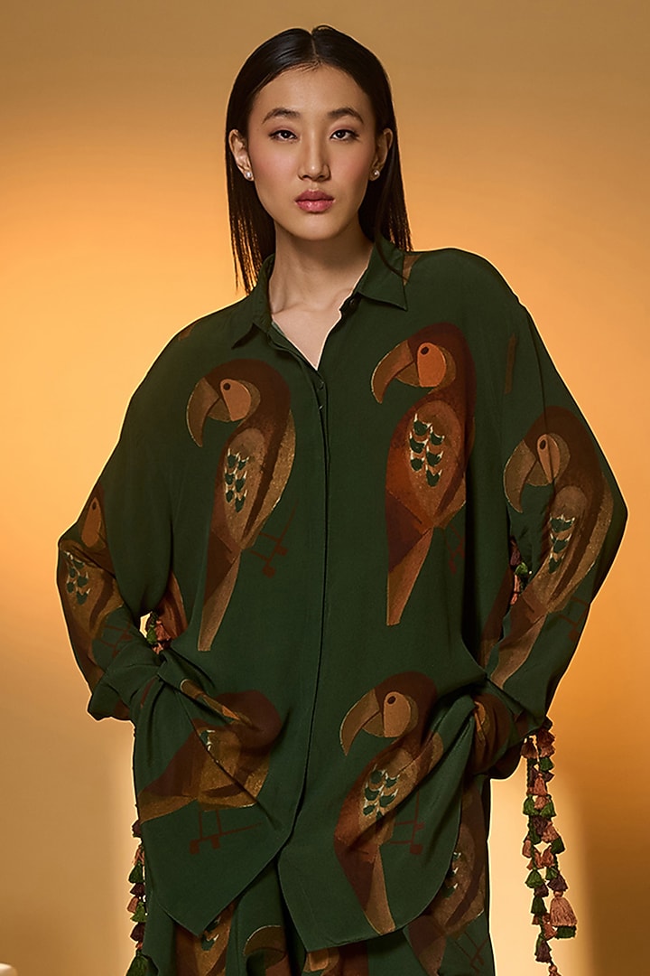 Olive Green Cotton Chirpy Chase Printed Co-Ord Set by Masaba at Pernia's Pop Up Shop
