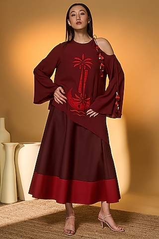 Maroon Crepe Silk Patchwork Skirt Set by Masaba