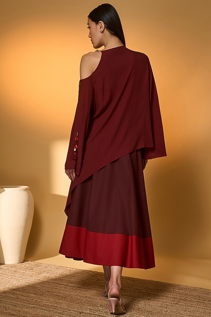 Maroon Crepe Silk Patchwork Skirt Set by Masaba at Pernia's Pop Up Shop