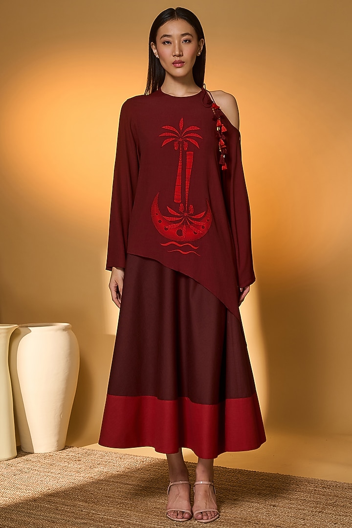 Maroon Crepe Silk Patchwork Skirt Set by Masaba at Pernia's Pop Up Shop