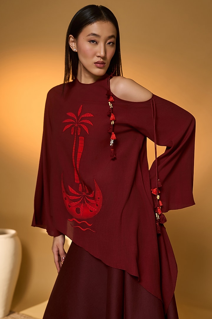 Maroon Crepe Silk Patchwork Skirt Set by Masaba at Pernia's Pop Up Shop