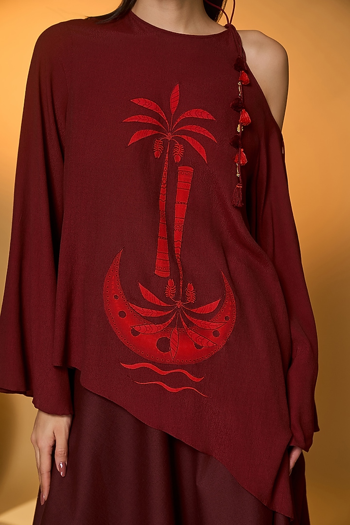 Maroon Crepe Silk Patchwork Skirt Set by Masaba at Pernia's Pop Up Shop