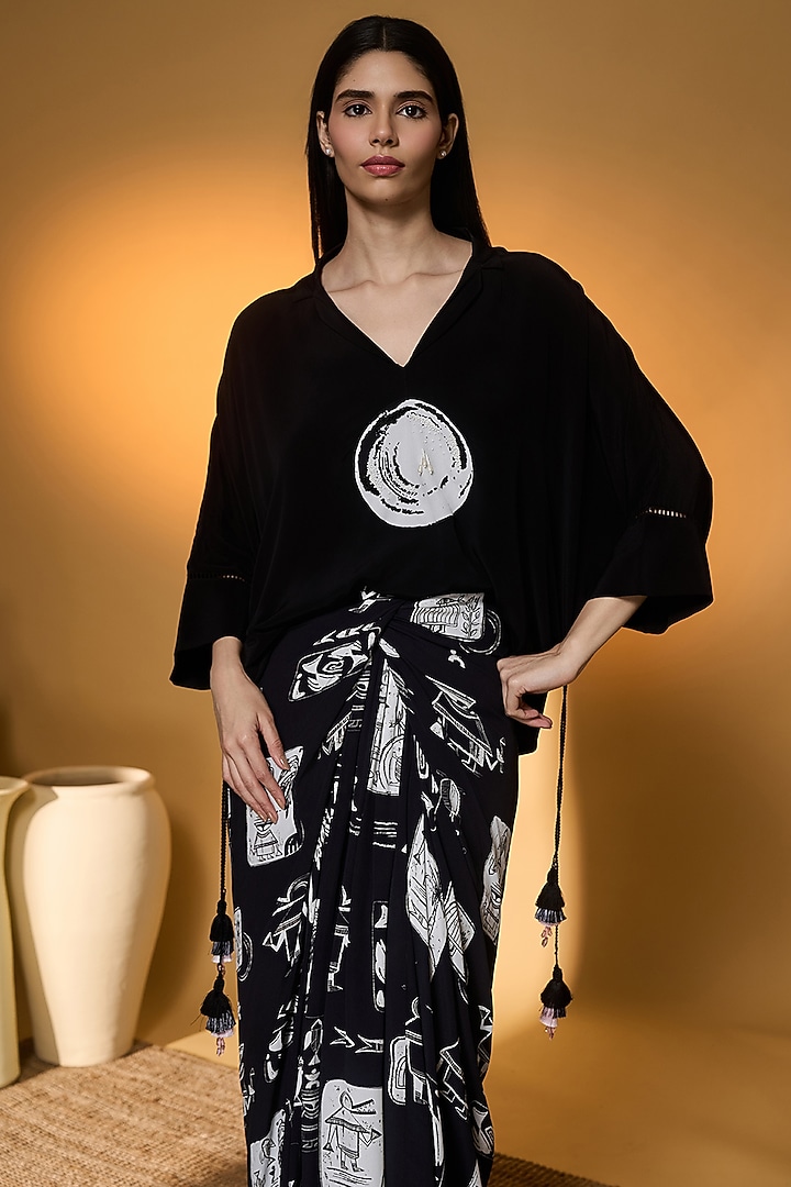 Black Crepe Silk Printed Skirt Set by Masaba at Pernia's Pop Up Shop
