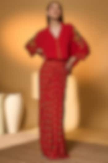 Red Crepe Silk Tropical Printed Draped Skirt Set by Masaba at Pernia's Pop Up Shop