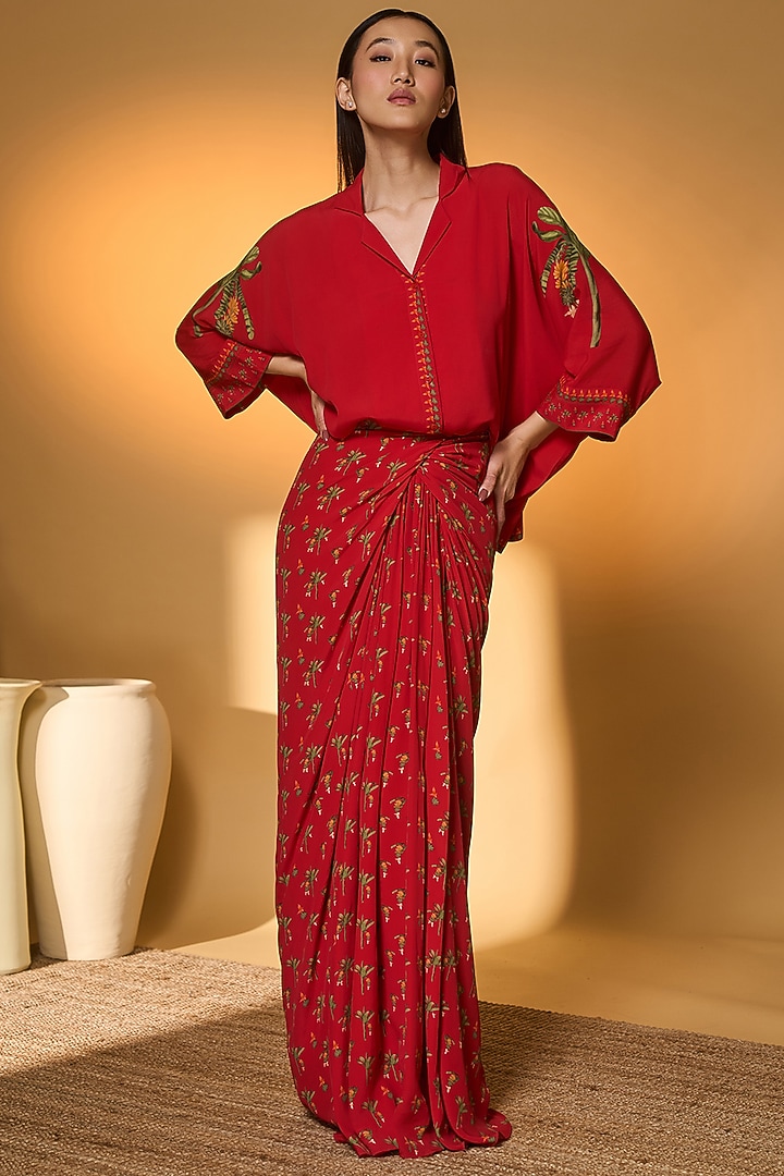 Red Crepe Silk Tropical Printed Draped Skirt Set by Masaba at Pernia's Pop Up Shop