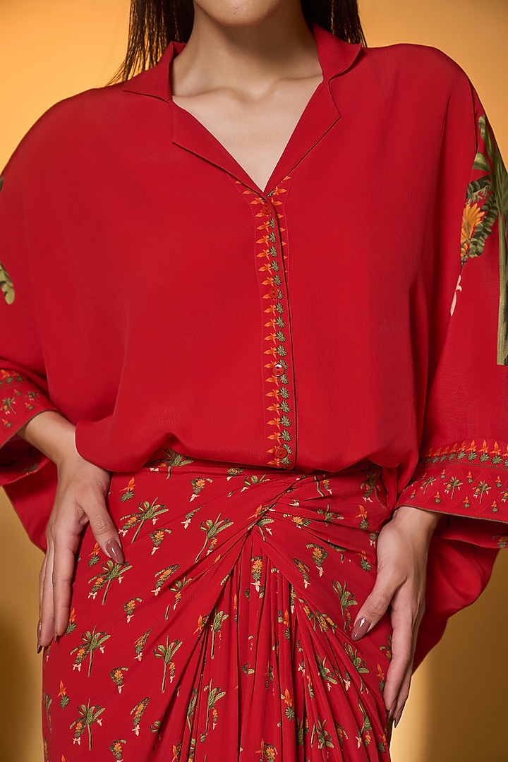 Red Crepe Silk Tropical Printed Draped Skirt Set by Masaba at Pernia's Pop Up Shop