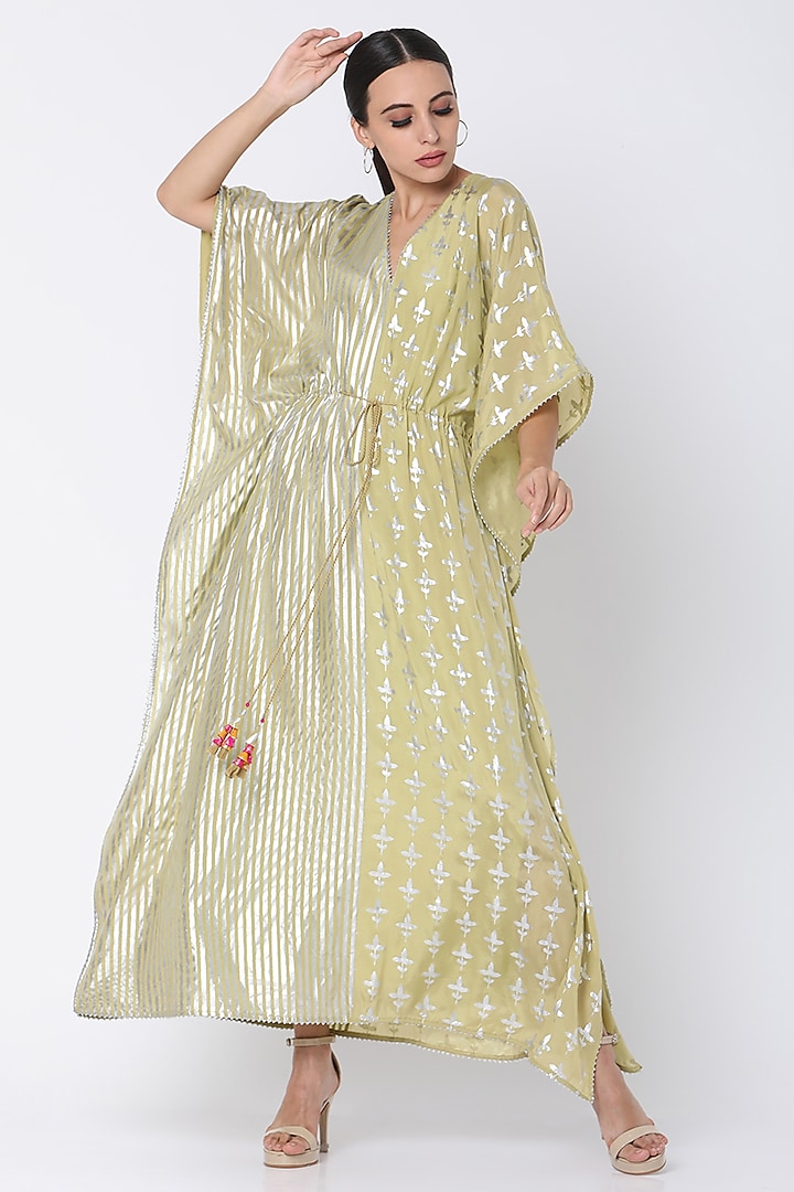 Olive Green Half & Half Printed Kaftan With Attached Slip by Masaba