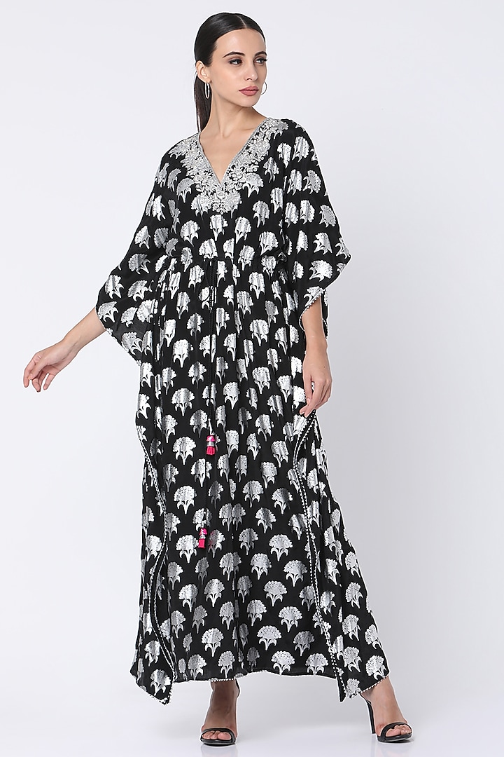 Black Floral Spring Printed Kaftan WIth Attached Slip by Masaba at Pernia's Pop Up Shop