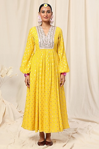 Lemon Yellow Vintage Bud Printed Maxi Dress by Masaba