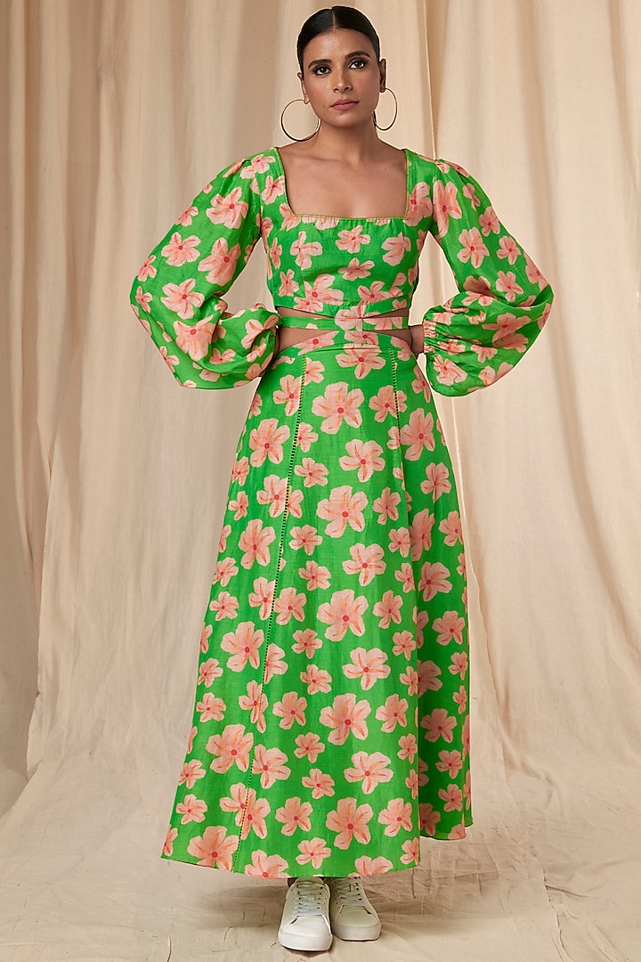 Parrot Green Flower Passion Cut Out Dress by Masaba at Pernia's Pop Up Shop