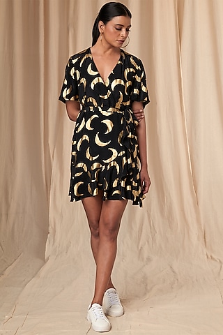 Black Mooncrest Gold Foil Short Wrap Dress by Masaba