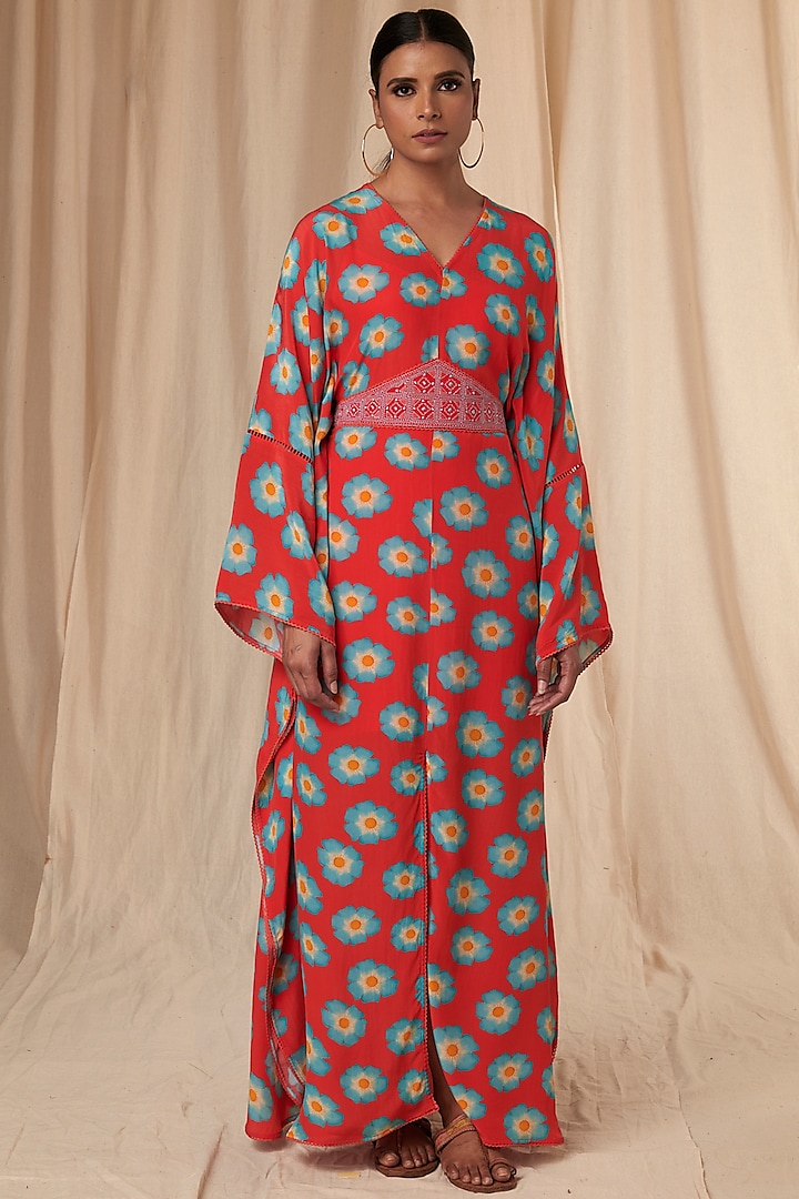 Red Mid Size Crazy Daisy Kaftan Dress with Belt by Masaba