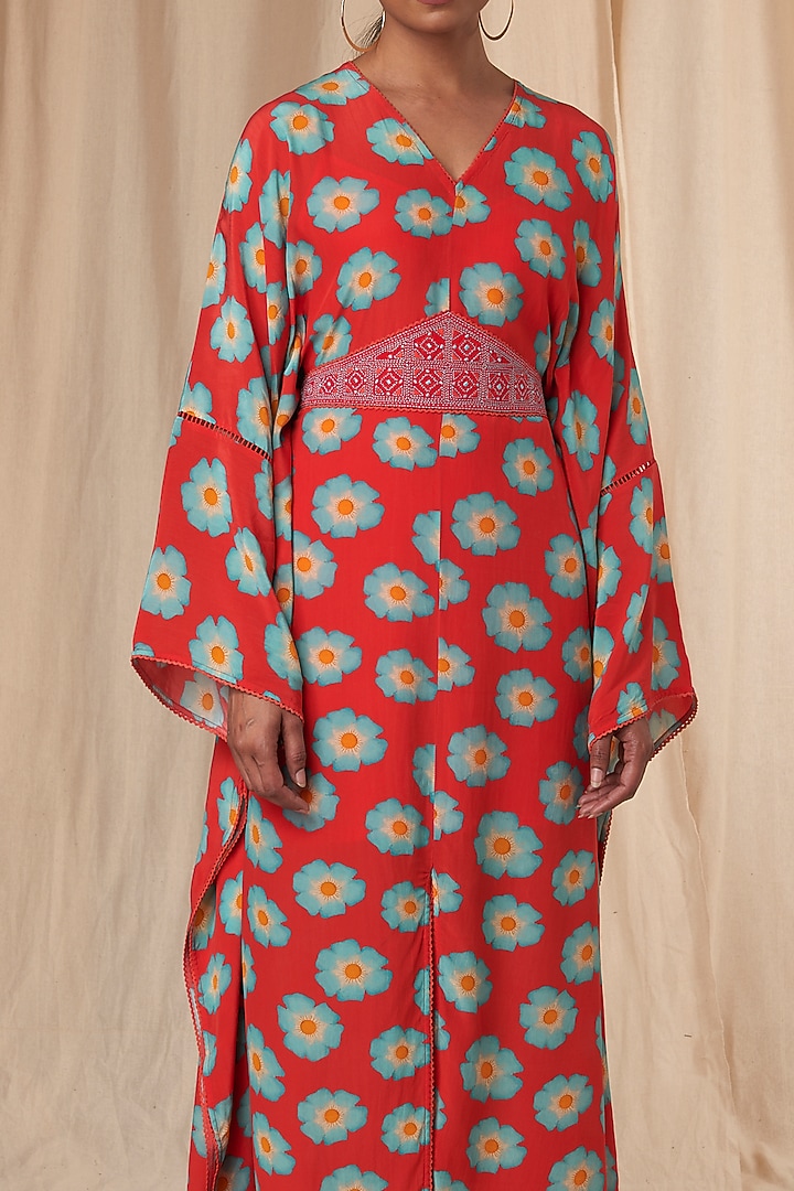 Red Mid Size Crazy Daisy Kaftan Dress with Belt by Masaba at Pernia's Pop Up Shop