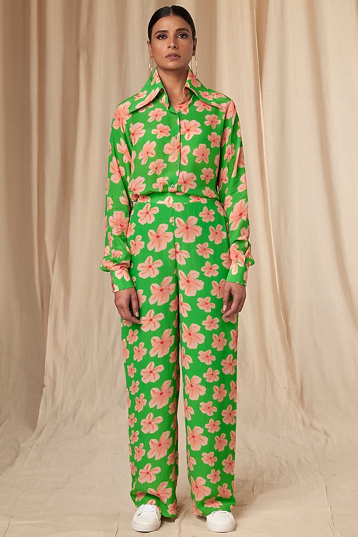 Parrot Green Flower Passion Shirt And Pants by Masaba