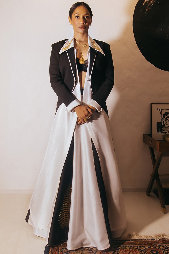 Black & White Raw Silk Embroidered Jacket Wedding Lehenga Set by Masaba at Pernia's Pop Up Shop