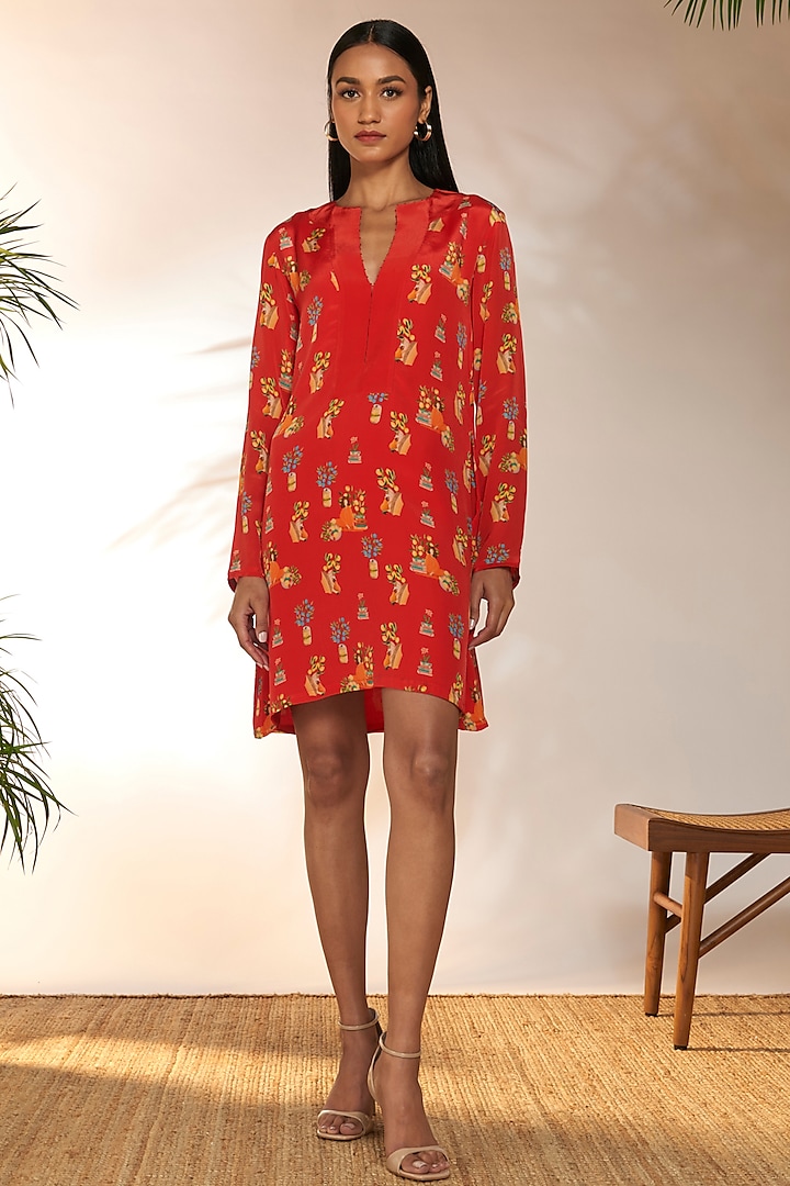 Red Crepe Silk Bead Embellished & Printed Mini Dress by Masaba