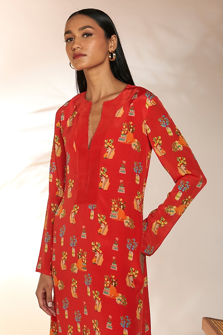Red Crepe Silk Bead Embellished & Printed Mini Summer Dress by Masaba at Pernia's Pop Up Shop