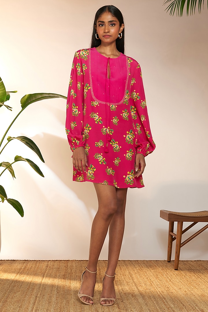 Hot Pink Crepe Silk Printed & Pearl Embroidered Mini Dress by Masaba