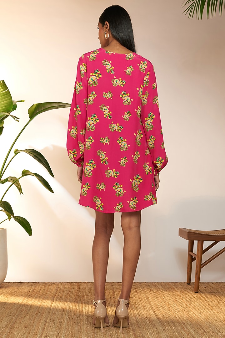 Hot Pink Crepe Silk Printed & Pearl Embroidered Mini Vacation Dress by Masaba at Pernia's Pop Up Shop