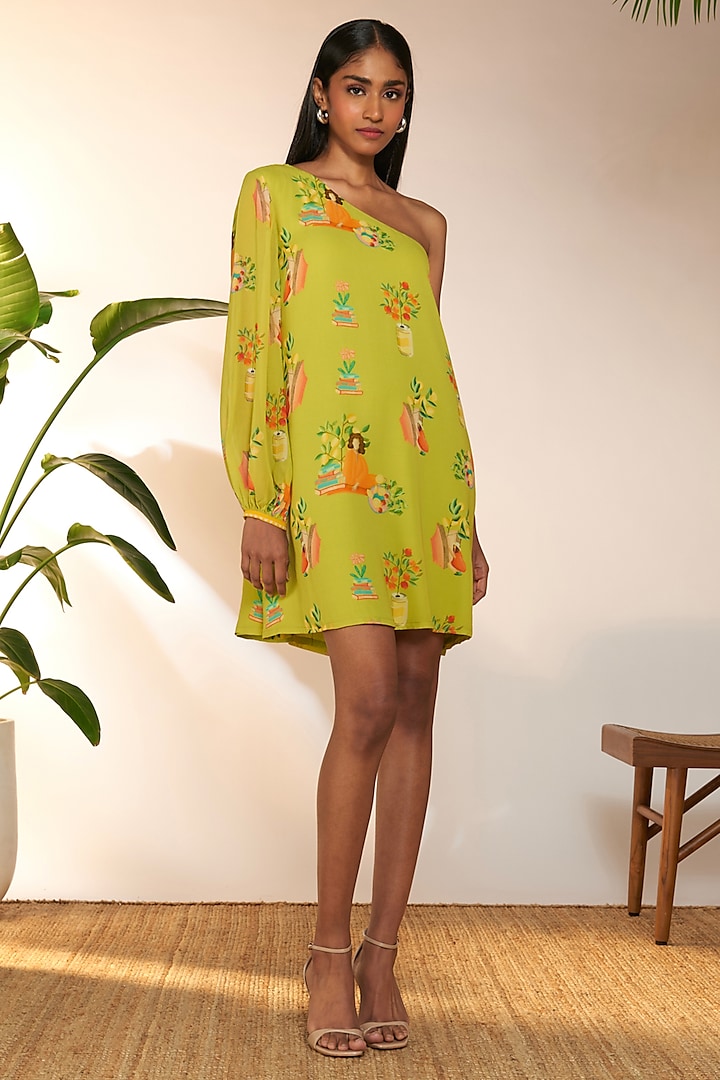 Lime Green Georgette Printed One-Shoulder Mini Dress by Masaba